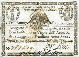 ASSIGNAT 10 PAOLI 1798 RARA ORIGINALE BANCONOTA REPUBBLICA ROMANA - Otros & Sin Clasificación