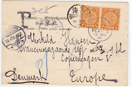 CHINA 1904 Postcard Cover Dragon 1c Pair To Denmark Postage Due, RARE! (c006) - Cartas & Documentos