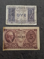 LOT 2 BILLETS : 2 LIRE 1939 + 5 LIRE 23 11 1944 WW2 ITALIE / ITALIA BANKNOTE - Verzamelingen