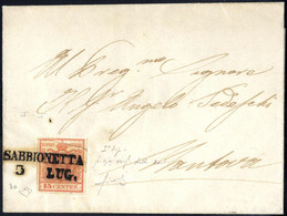 Cover 1850, "Pieghe Di Carta", 15 Cent. Rosso, Prima Tiratura, Piega Naturale Di Carta In Alto, Su Lettera Di Sabbionett - Lombardije-Venetië