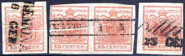 O 1854, "Pieghe Di Carta", 15 Cent. Rosso Vermiglio, Due Esemplari Ed Una Coppia Con Vistose Pieghe (Sass. 3e) - Lombardo-Vénétie