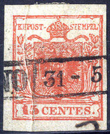 O 1850, "Pieghe Di Carta", 15 Cent. Rosso Vermiglio, Firm. E. Diena (Sass. 4) - Lombardy-Venetia