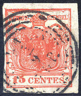 Piece 1850, "Pieghe Di Carta", 15 Cent.rosso Vermiglio Intenso Con Leggera Piega In Basso A Sinistra, Firm. E. Diena (Sa - Lombardo-Vénétie