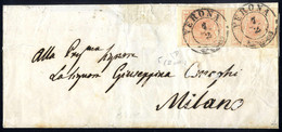 Cover 1850, "Pieghe Di Carta", 15 Cent. Rosa, Coppia Vertcale Con L' Esemplare Con Piega Di Carta Su Lettera Da Verona 7 - Lombardy-Venetia