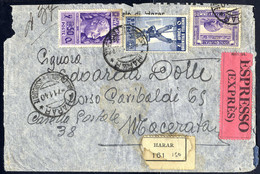 Cover 1940, Raccomandata Espresso (incompleta Al Verso) Da Harar 7.11.1940 Per Macerata Affrancata Con AOI Sass. 10 + 18 - Italian Eastern Africa