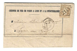 LETTRE TIMBRE 1867  LYON CHEMINS DE FER DE PARIS A LYON A LA MEDITERRANEE AUZANCES CREUSE CACHET DE CIRE OBLITERATION - Other & Unclassified