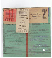 BILLETE PARA EL PERSONAL 2 CLASSE  MARS 1951  -SEVILLA GRANADA -Cie Velocidad Tren Ordinario  -2 Tickets + 2 BILLETS - Europa