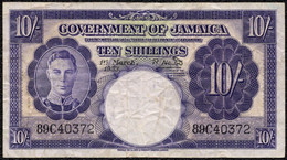 Jamaica 10 Shillings 1953 VF KGVI Banknote - Jamaique