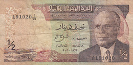 Tunisia #66, 1/2 Dinar 1972 Issue Banknote - Tunisie