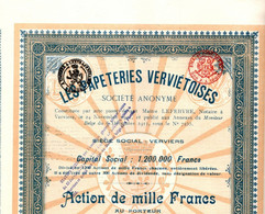 Les Papeteries Verviétoises S.A. - Action De 1000 Frs S.A. Au Porteur - Verviers Décembre 1911. - Industry