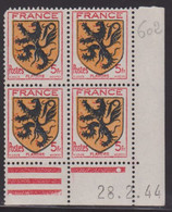 FRANCE N° 602** BLASON FLANDRE COIN DATE 28/2/44 - Autres & Non Classés