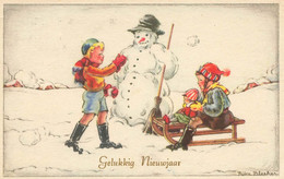 Snowman Bonhomme De Neige & Enfants * CPA Illustrateur Rüka BLEEKER * NOEL Noël Luge Sports D'hiver Neige - Autres & Non Classés