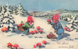 Enfants Champignons * CPA Illustrateur * Cueillette * Mushroom Champignon Chapeau Hat * Neige Hiver - Pilze