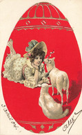 Joyeuses Pâques * Série De 2 CPA Illustrateur Art Nouveau Jugendstil * Oeufs Dorures Femmes Moutons * PAQUES Fête - Pâques