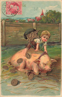 Cochon & Enfants * CPA Illustrateur Gaufrée Embossed * 1907 * Pig Cochons Pièces De Monnaie - Maiali