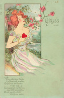 Jugendstil * CPA Illustrateur Art Nouveau * Gruss Aus ... * Femme Fleur Coeur Rouge * Genre Mucha Kirchner - Vor 1900