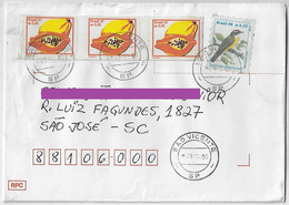 Brazil 2000 Cover São Vicente To São José Definitive Stamp Papaya Fruit Strip Of 3 + Bird Social Flycatcher RHM-768&774 - Covers & Documents