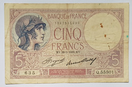 BILLET DE BANQUE - FRANCE - 5 FRANCS - P.72e - 26/05/1933 - PROFIL DE FEMME - PÊCHEUR - 5 F 1917-1940 ''Violet''