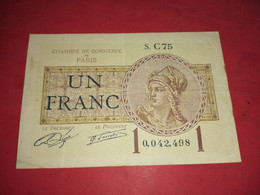 BILLET DE 1 FRANC CHAMBRE DE COMMERCE DE PARIS S.C75 - Other & Unclassified
