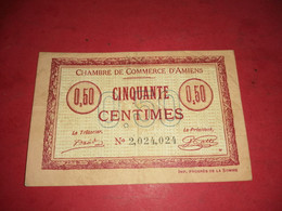 BILLET DE 50 Centimes CHAMBRE DE COMMERCE D'AMIENS NUMEROS INVERSER AU RECTO - Altri & Non Classificati