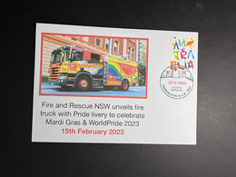 (1 P 2) Sydney World Pride 2023 - NSW Fire Truck Pride Colors (OZ Stamp) 25-2-2023 - Covers & Documents