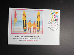 (1 P 2) Sydney World Pride 2023 - Surf Life Saving Rescue Board (OZ Stamp) 1-3-2023 - Covers & Documents