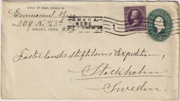 ÉTATS-UNIS / USA - 1898 2c Envelope Sc.U311 Uprated 3c Sc.253 OMAHA, NE To Stockholm, Sweden - ...-1900