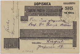 YOUGOSLAVIA / YUGOSLAVIA 1919 Emergency 15fil Postal Card Mi.P39.IVB Used KOPRIVNICA To ZAGREB - Postal Stationery