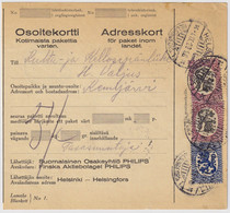 FINLANDE / SUOMI FINLAND 1929 HELSINKI To KEMIJÄRVI - Osoitekortti / Packet Post Address Card - Lettres & Documents