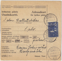 FINLANDE / SUOMI FINLAND 1931 HAAPAMÄKI To SALO - Osoitekortti / Packet Post Address Card - Lettres & Documents