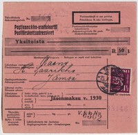 FINLANDE / SUOMI FINLAND 1931 TAMPERE To JÄMSÄ - Postiennakko-Osoitekortti / COD Address Card - Brieven En Documenten