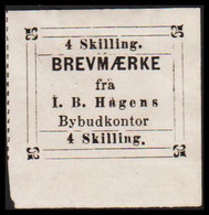 1870. NORGE. BREVMÆRKE Fra I. B. Hagens Bybudkontor 4. Skilling. No Gum. Unusual Stamp.  - JF529869 - Local Post Stamps