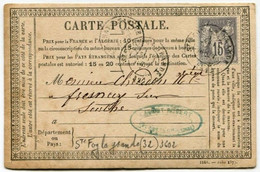 !!! CARTE PRECURSEUR TYPE SAGE CACHET DE STE FOY LA GRANDE (GIRONDE) 1877 - Cartes Précurseurs