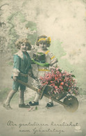 Fantaisie Voeux Anniversaire Enfant Demoiselle Fille Garçon Paquet Cadeau Brouette Fleur Carte Suisse 1928 Superbe - Autres & Non Classés
