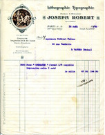 FACTURE.PARIS.LITHOGRAPHIE.TYPOGRAPHIE.GRAVURE.JOSEPH ROBERT 179 Bis QUAI VALMY. - Imprimerie & Papeterie