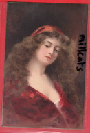 BEATRICE  ANGELO ASTI DECOLLETAGE GLAMOUR ART  FASHION   RED DRESS LONG HAIR + BONNET  RAPHAEL TUCK SERIES - Asti