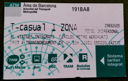 Ticket De Transport Métro Area De Barcelona 1 Zone - Espagne - Europa