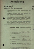 ! 2.Weltkrieg, 1942 Formular Für Fremdarbeiter Aus Frankreich, An Deutsche Bank, Lohnüberweisung N. Les Riceys Aube - Historical Documents