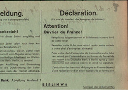 ! 2.Weltkrieg, Ca. 1942 Formular Für Fremdarbeiter Aus Frankreich, An Deutsche Bank, Lohnüberweisung N. Paris - Historical Documents