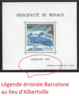 Monaco  Bloc 17a**, Variété Erreur De Légende BARCELONE Au Lieu D'ALBERTVILLE. RARE. - Errors And Oddities