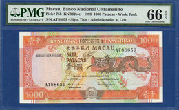 MACAO - MACAU - P.75b – 1000 Patacas 1999 UNC / PMG 66 , Serie AT 88659 - Macau