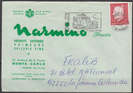 MONACO Le 7 5 1980 Flamme " Grand Prix Automobile " Sur Enveloppe PUBLICITAIRE  " NARMINO Fruits " Avec Timbre 1f30 - Cartas & Documentos