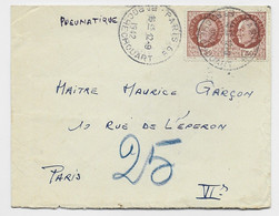 PETAIN 1FR50 BRUN X2 PNEUMATIQUE PARIS 69 12.9.1942 + GRIFFE AU DOS LES PNEUMATIQUES ETRE RECOMMANDES AU TARIF - 1941-42 Pétain