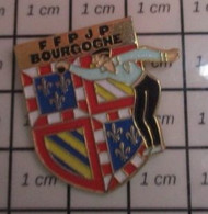 414c Pin's Pins / Beau Et Rare / SPORTS / PETANQUE FFPJP BOURGOGNE BLASON ARMOIRIES DAUPHIN - Petanque