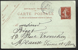 France - Entier 138 CP1. 10 C. Semeuse Camée Oblitéré Blérancourt ( Aisne)  Pour Meaux. Daté 803. - Overprinted Covers (before 1995)