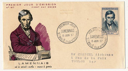 FRANCE => FDC 15F + 5F LAMENNAIS - Premier Jour St Malo 15 Juin 1957 - 1950-1959