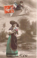 Militaria - Femme écrit Une Lettre à Son Cousin Militaire - Drapeau Français - Avion - Carte Postale Ancienne - Patriottiche