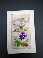 Carte Brodée - To My Dear Son - Violette - Bouton De Rose - Cadre Relief - Carte Postale Ancienne - Embroidered