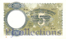 ALBANIA 5 FRANGA 1939 PICK 6a VF+ - Albanië