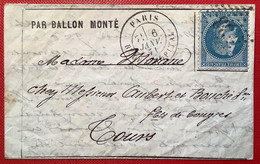 BALLON MONTÉ: Oblit RARE Étoile 33 + PARIS BT DE L’ HOPITAL 1871 (Yvert 800€ !) Lettre>Tours (France Guerre 1870 - Krieg 1870